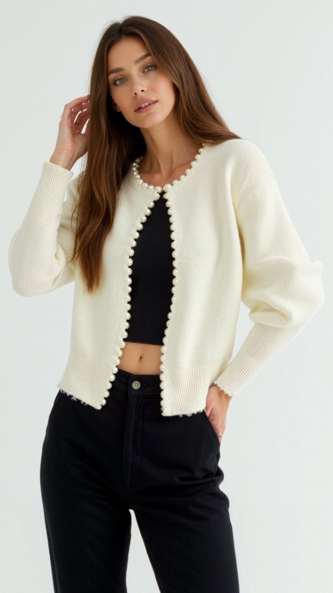 Caroline Elegant Pearl Trim White Cardigan 3