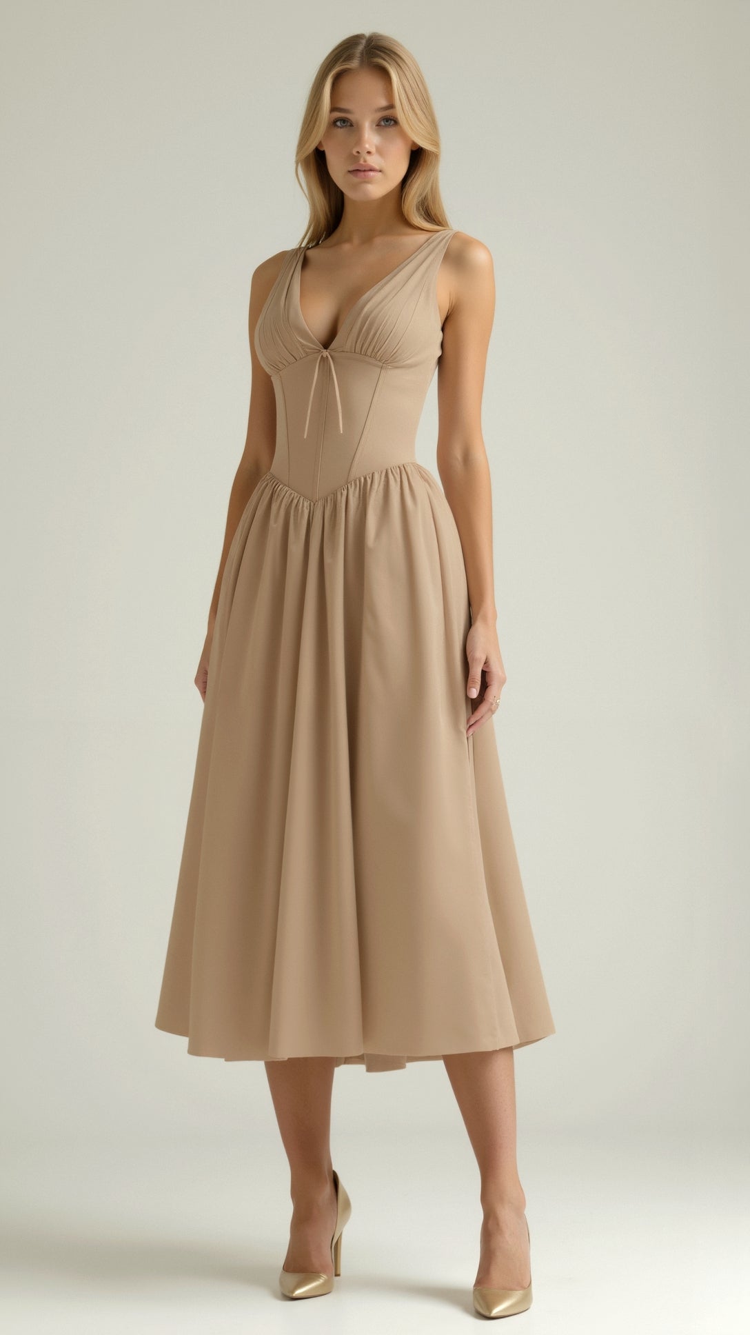 Lila Elegant Midi Plunge Dress - Women's Formal Dress with Plunging V-Neck and Gathered Skirt 10