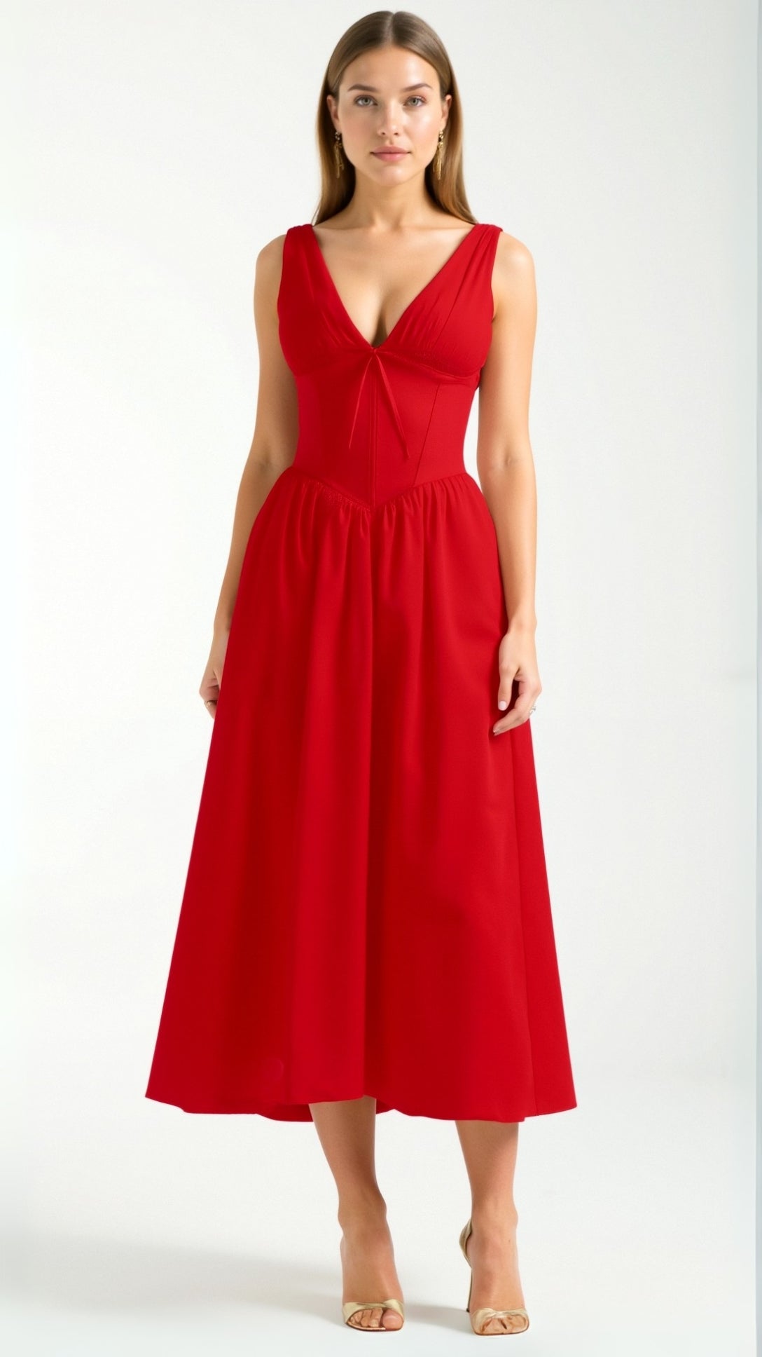 Lila Elegant Midi Plunge Dress - Women's Formal Dress with Plunging V-Neck and Gathered Skirt 11