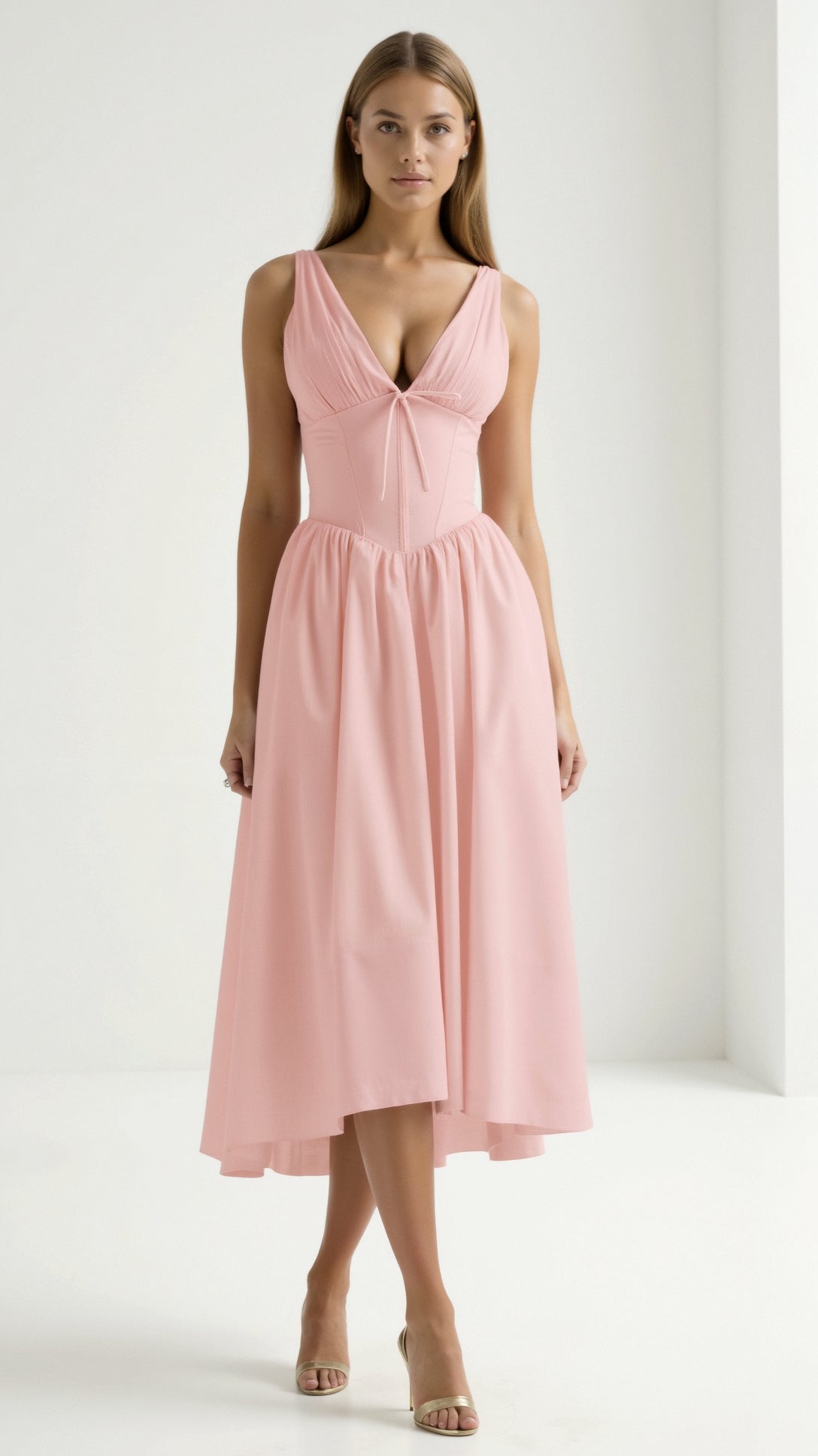 Lila Elegant Midi Plunge Dress - Women's Formal Dress with Plunging V-Neck and Gathered Skirt 9