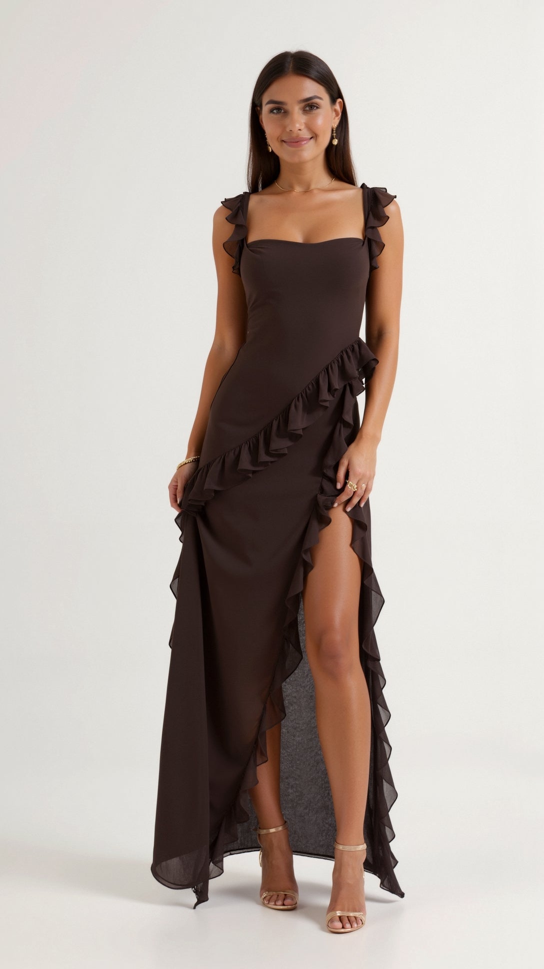 Lila Elegant Ruffled Maxi Dress - Women's Formal Summer Dress with High Slit and Ruffle Straps 0