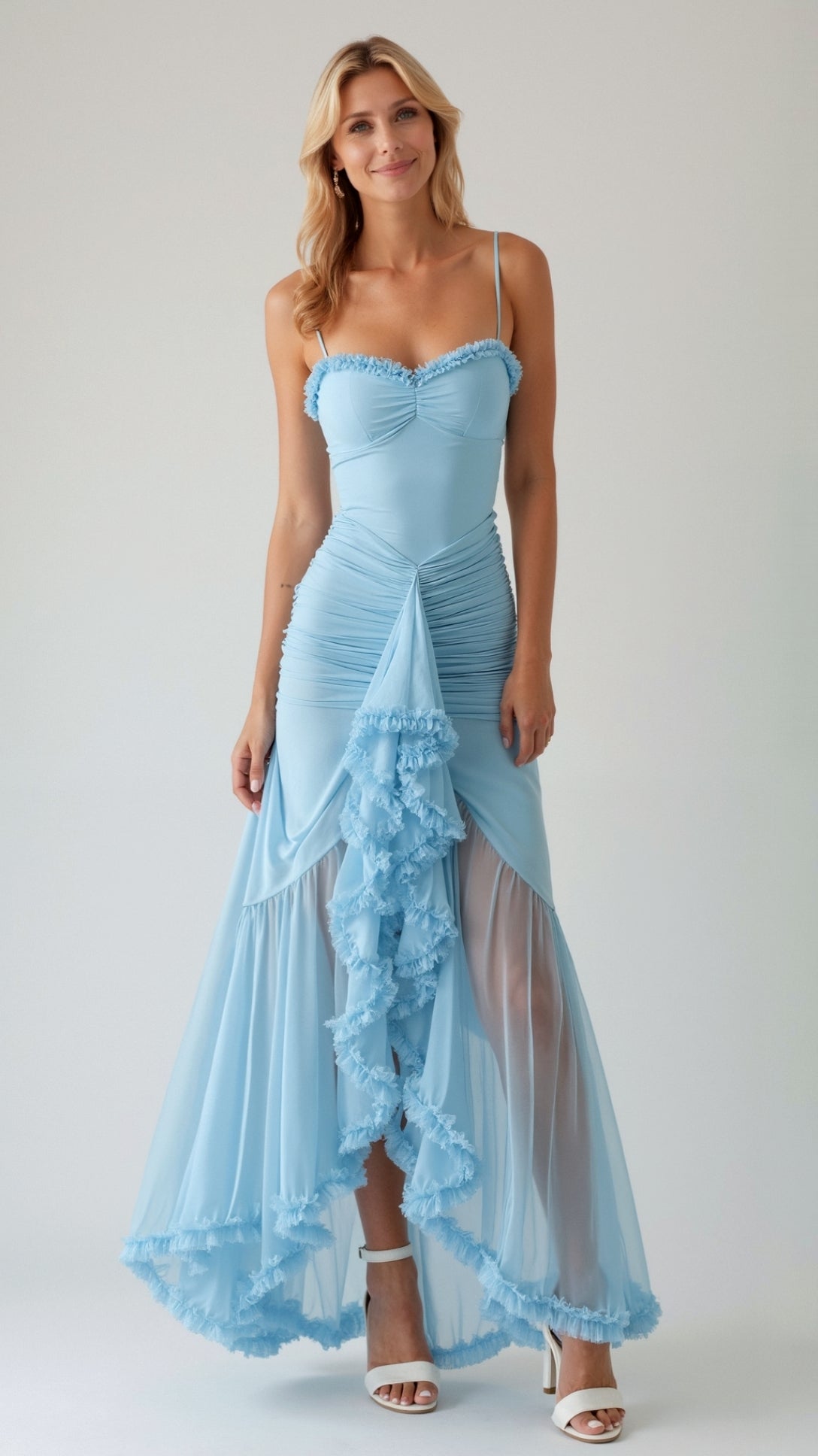 Lila Elegant Sweetheart Maxi Dress with Ruffle Trim and Asymmetric Hem 11