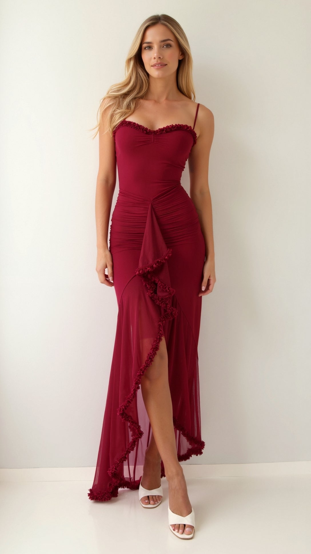 Lila Elegant Sweetheart Maxi Dress with Ruffle Trim and Asymmetric Hem 3