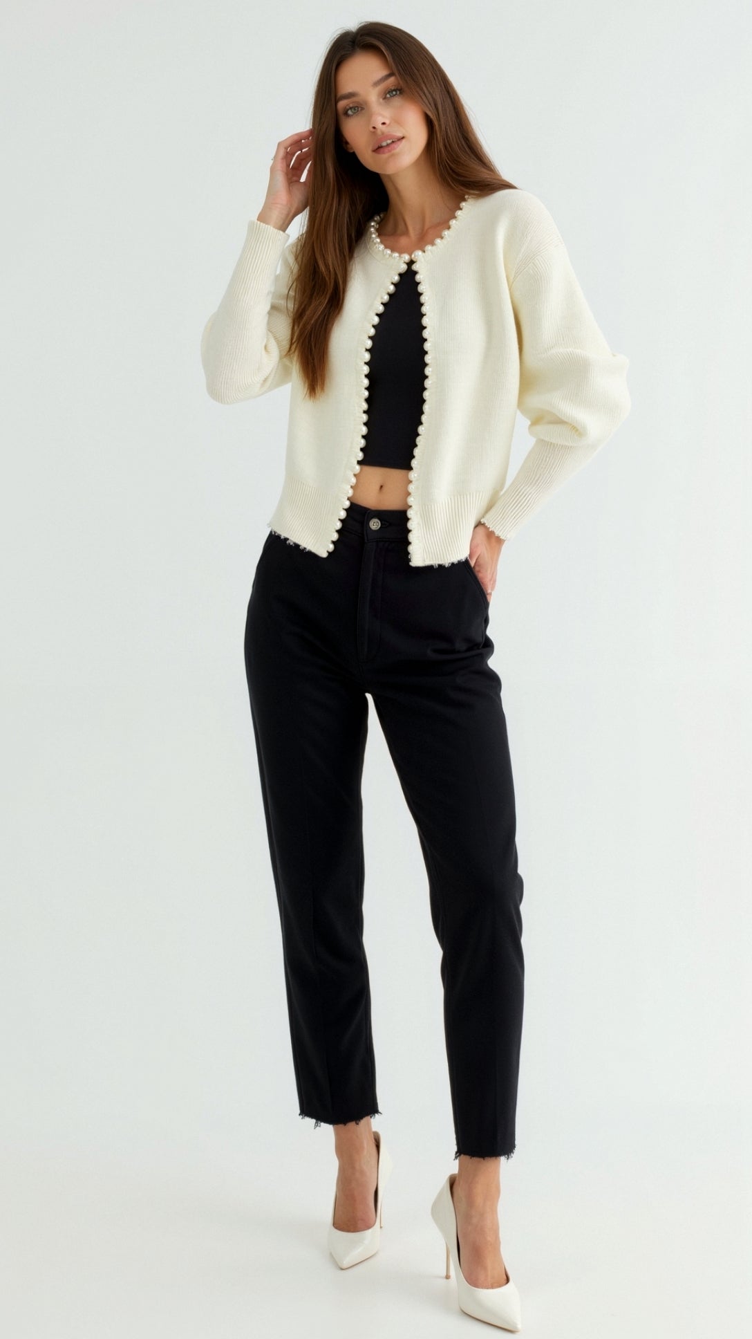 Caroline Elegant Pearl Trim White Cardigan 0