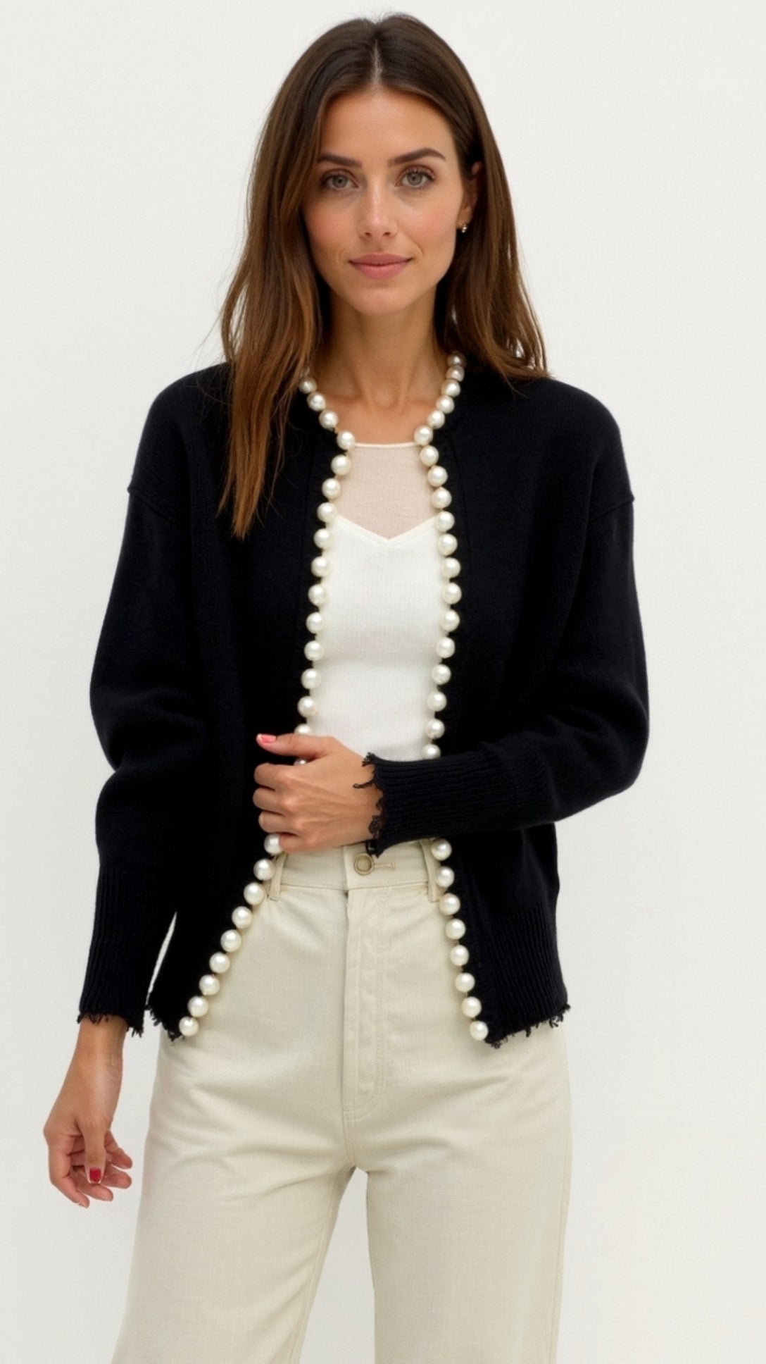 Caroline Elegant Pearl Trim White Cardigan 8