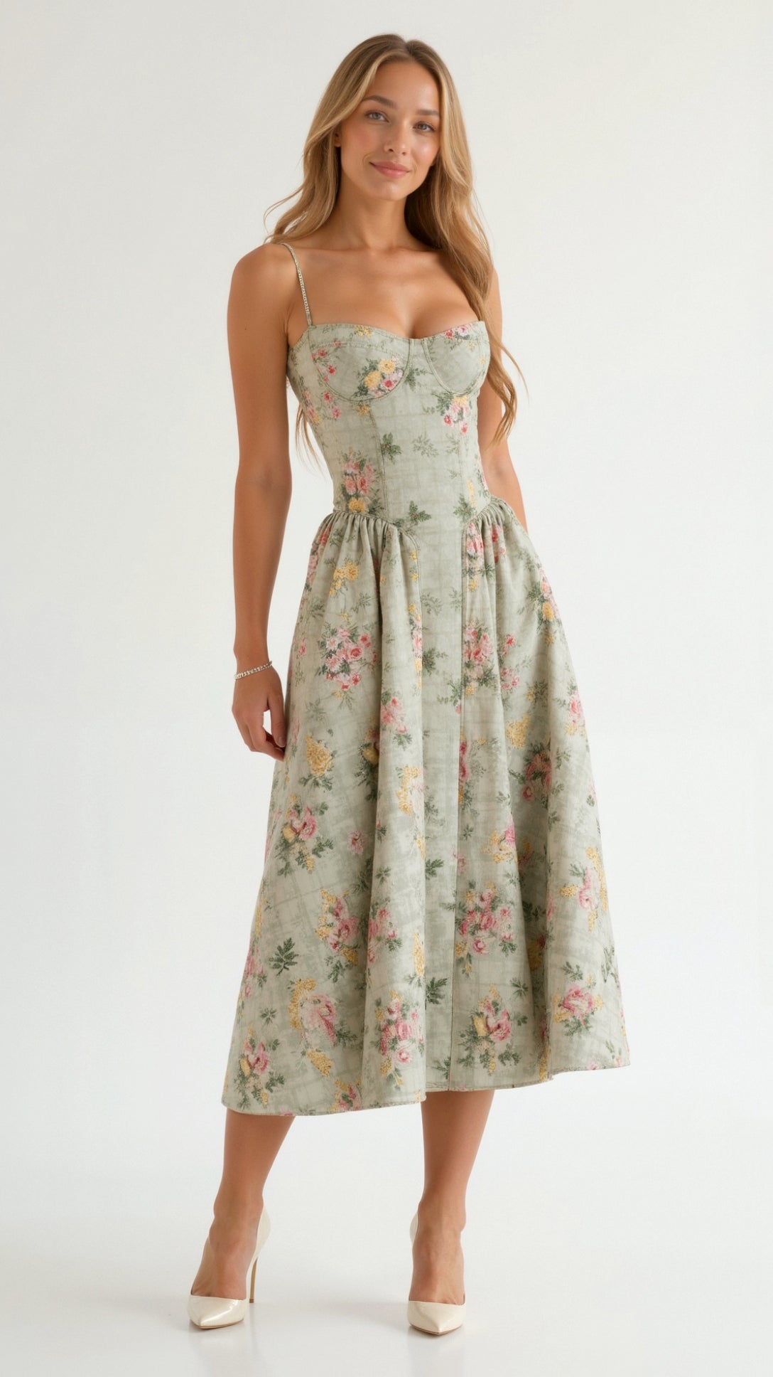 Clara Floral Print Summer Midi Dress with Sweetheart Neckline 0