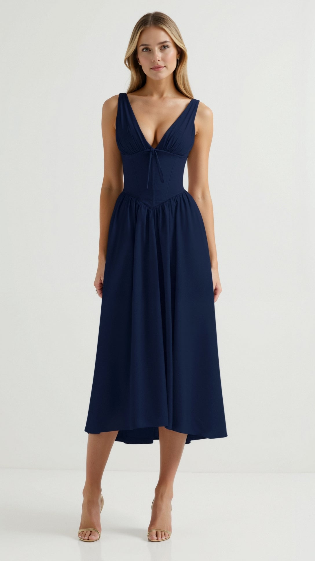 Lila Elegant Midi Plunge Dress - Women's Formal Dress with Plunging V-Neck and Gathered Skirt 0