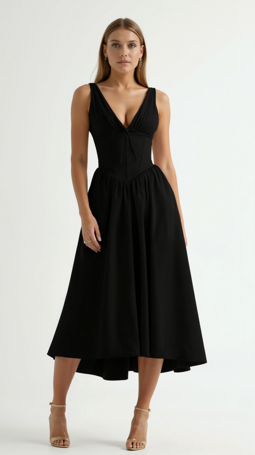 Lila Elegant Midi Plunge Dress - Women's Formal Dress with Plunging V-Neck and Gathered Skirt 3