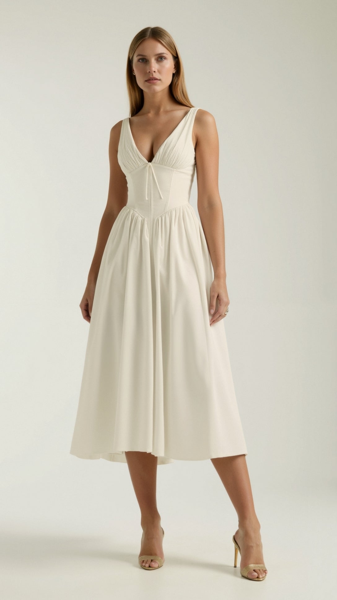 Lila Elegant Midi Plunge Dress - Women's Formal Dress with Plunging V-Neck and Gathered Skirt 6