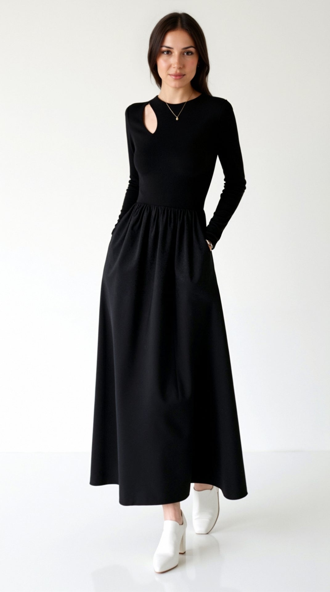 Samantha Elegant Long Sleeve Maxi Dress with Cutout Waist Detail 0