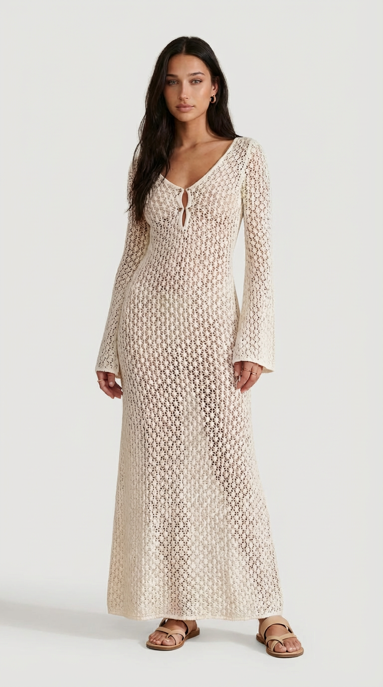 Elara Open-Knit Long Sleeve Maxi Dress